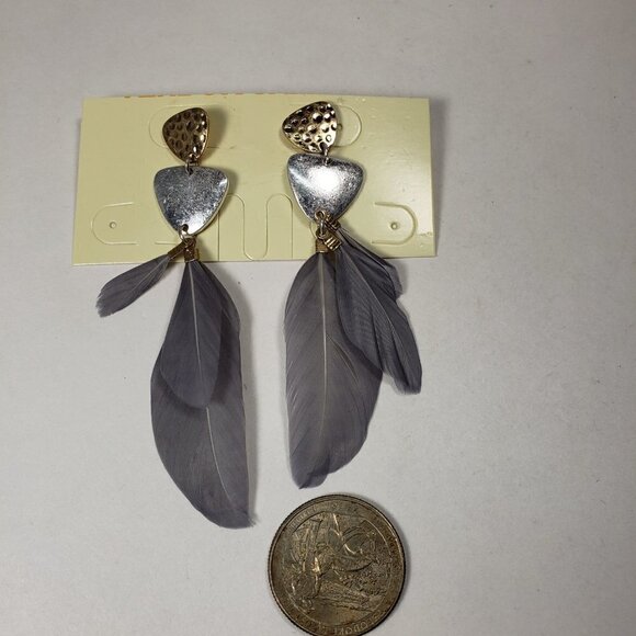 Women’s Two-Tone Feather Drop Dangle Earrings – 3" Stylish Statement Jewelry - Picture 7 of 7